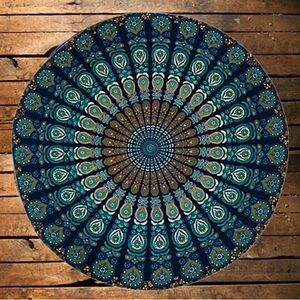 Beautiful Boho Mandala Cotton Tablecloth 68” Round in peacock blue be Raajsee